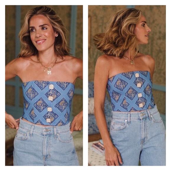 Veronica Beard Ziene Linen Blend Bustier Top In Light Blue Multi Size 12 - Picture 12 of 12